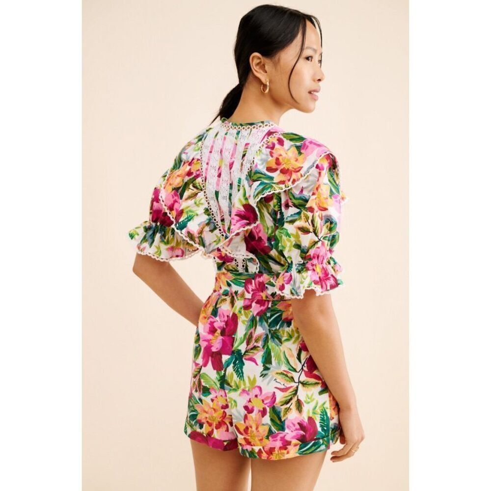 Farm Rio Women's Multicolor Floral Ruffle Belted V-Neck Romper Shorts Large NWOT - Picture 7 of 11
